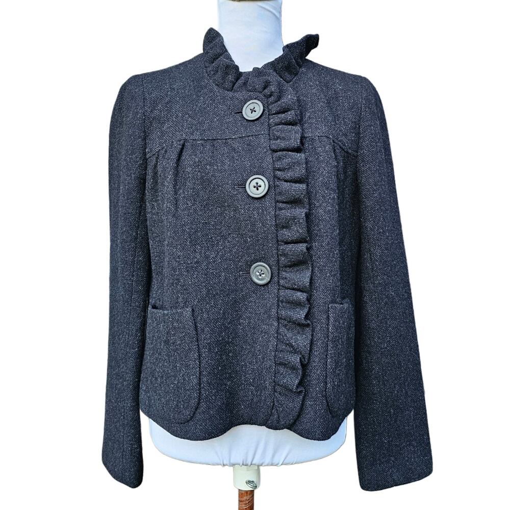 J.Crew Fiona Wool Tweed Ruffle Blazer Jacket Gray Charcoal Size 6 Pockets Preppy